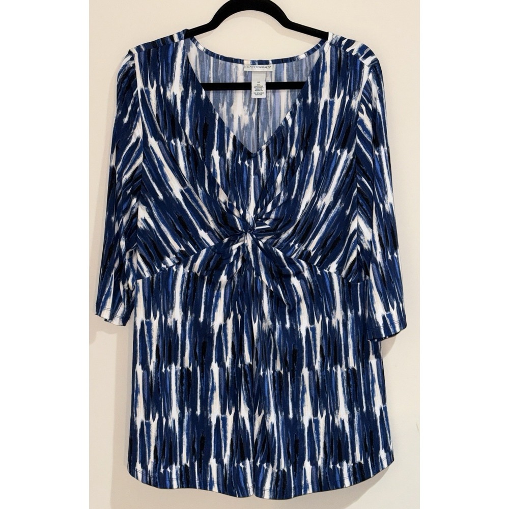 Catherines Twist Front Top Size 1X Blue Stretch 3/4 Sleeves V Neck - Picture 5 of 5